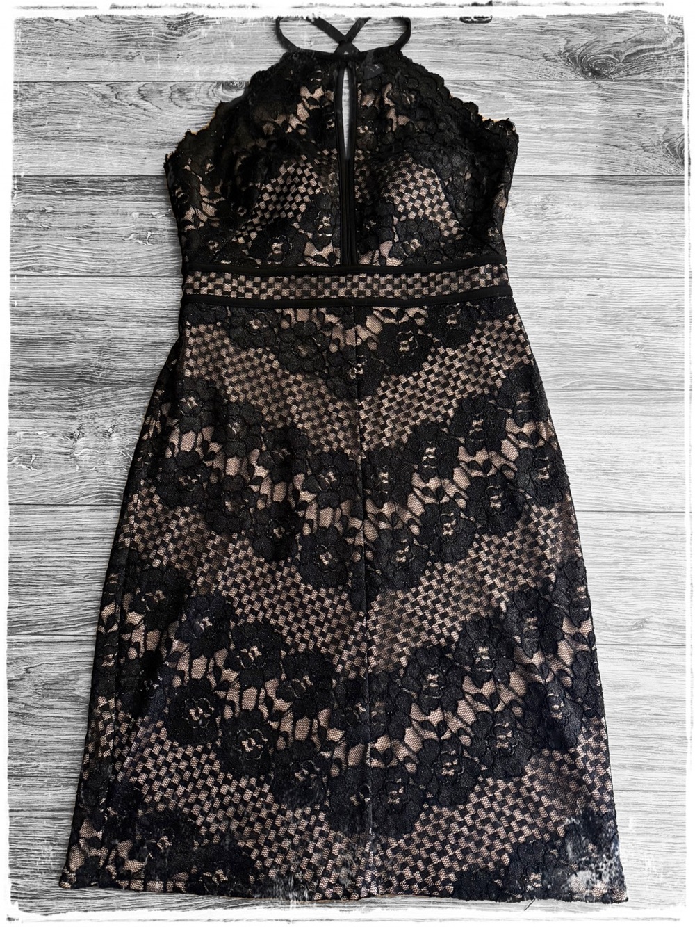 Morgan & Co. Black Lace Midi Dress with Nude Underlay
